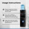 Atlantis hot and cold water dispenser review showing black office model with blue water bottle and usage instructions