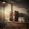 Amazon Plus Vending Coffee Premix in Bu vending machine with coffee cup on wooden counter for office use
