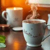 Atlantis Plus Tea Premix for offices in white ceramic cup with steam rising, ideal for office use
