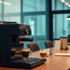 Atlantis Coffee Machine Gurgaon black coffee maker on wooden table in office setting with glass walls