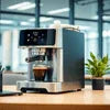 Modern silver coffee vending machine for office use promoting Coffee Rent Noida services
