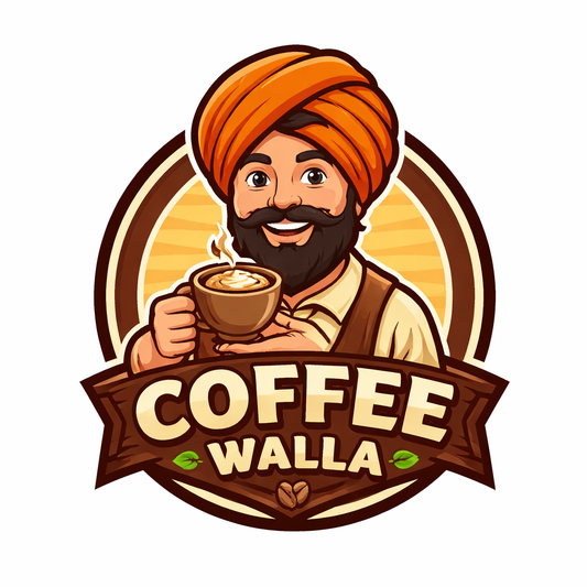 Coffee Walla logo featuring a smiling man in an orange turban holding a cup of coffee, best coffee machine branding