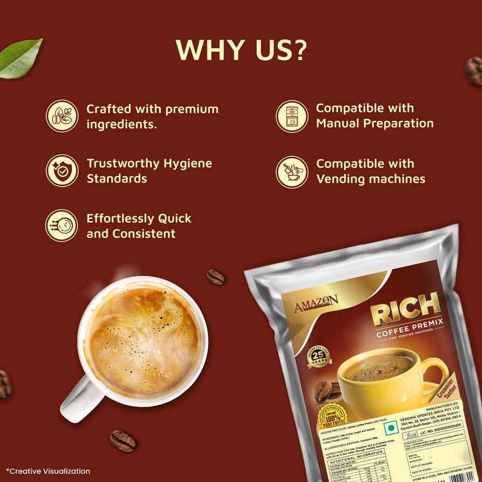Amazon Rich Instant Coffee Premix wholesale pack with a cup of creamy coffee and key product benefits