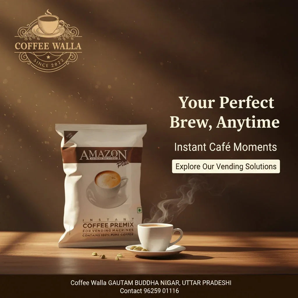 Coffee Walla instant coffee premix pack and steaming cup showcasing the best instant coffee premix in Delhi NCR
