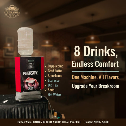 Nescafe Vending Machine Siliguri offering 8 drinks including cappuccino, espresso, and hot water for breakroom upgrade