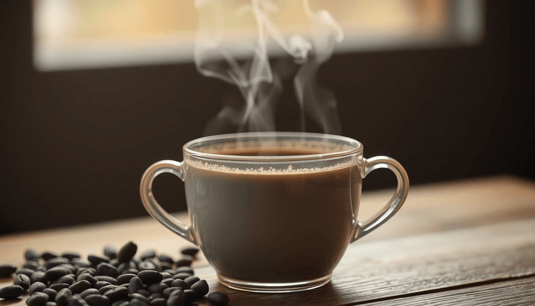 A steaming cup of dark roast instant coffee