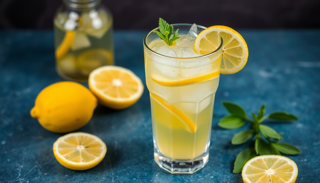 A glass of icy masala nimbu pani with fresh lemons