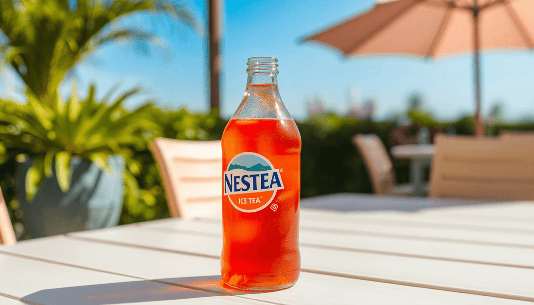 A cold bottle of NESTEA iced tea on a sunny table