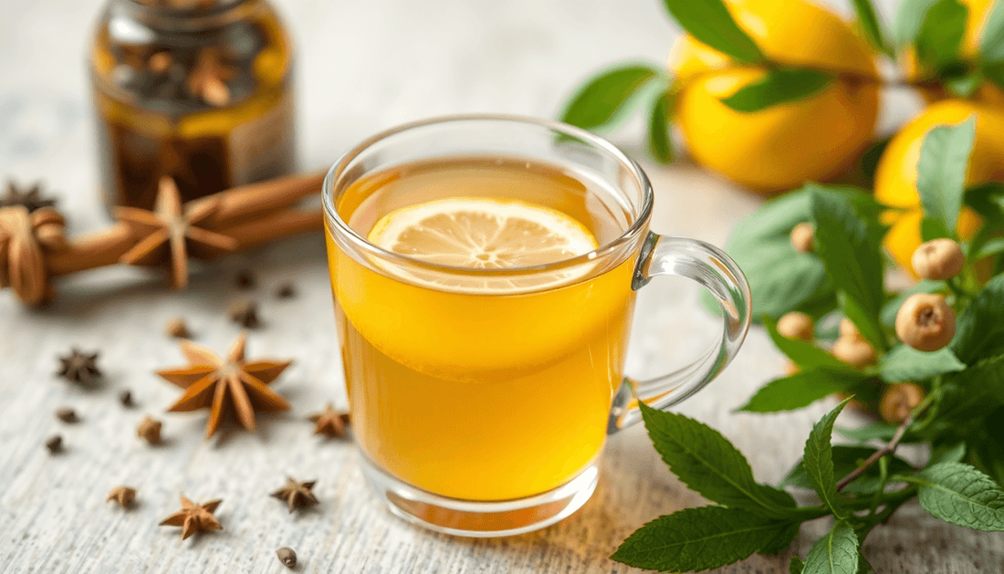 A steaming cup of herbal masala lemon tea with spices