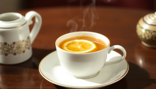 A steaming cup of lemon masala tea on a table