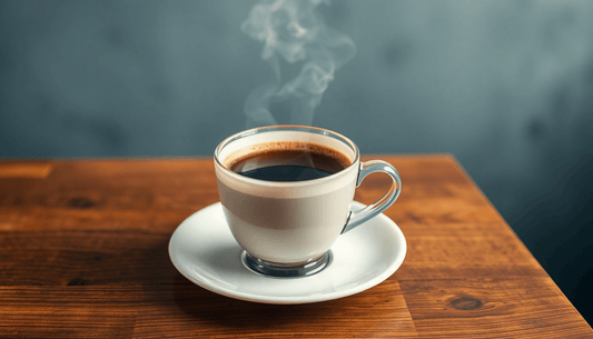 A steaming cup of premium instant coffee on wooden table