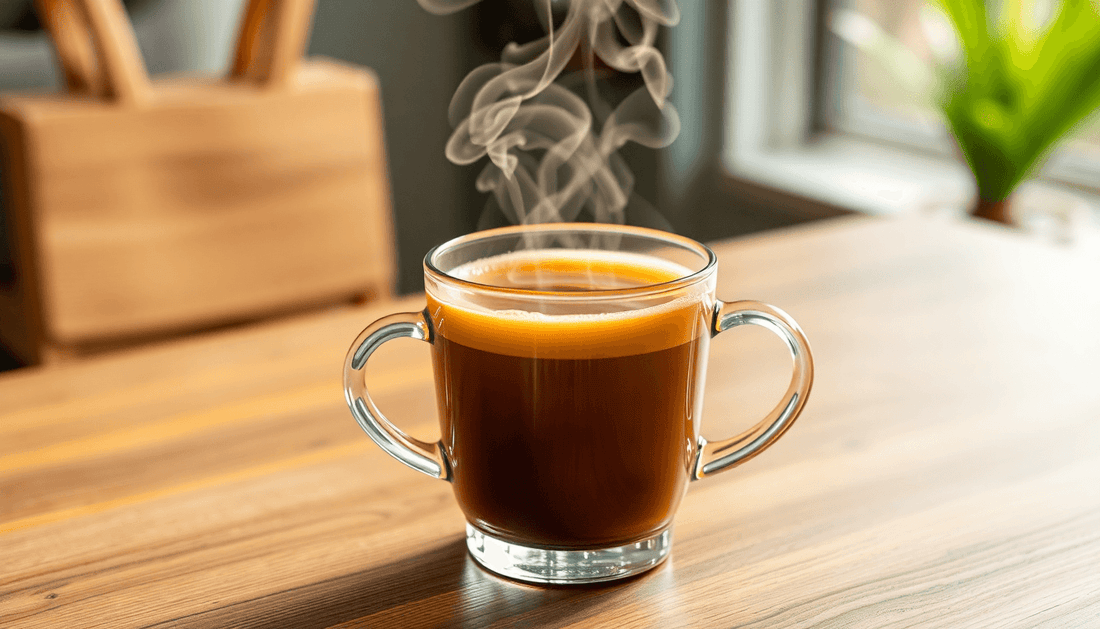 A steaming cup of 3 in 1 coffee premix on table