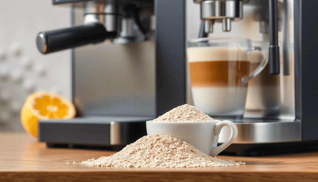 Fresh coffee powder next to a modern coffee machine