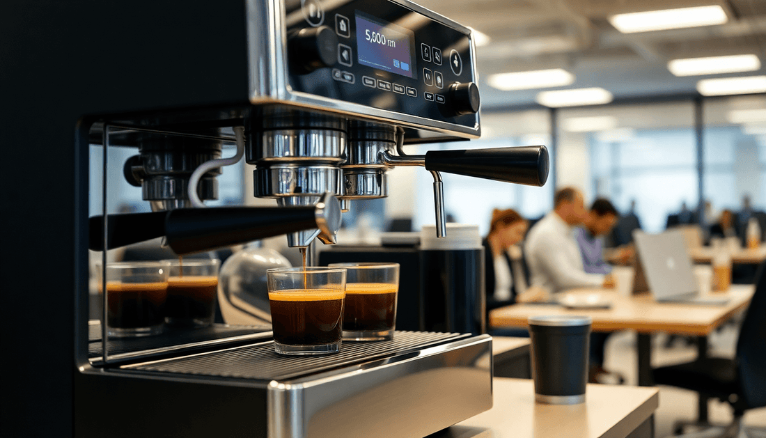 Modern coffee machine brewing coffee in a busy office