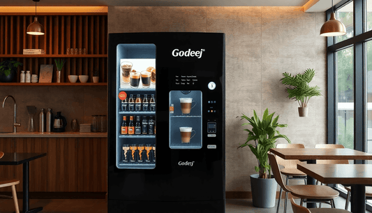 A sleek Godrej coffee vending machine in a modern cafe