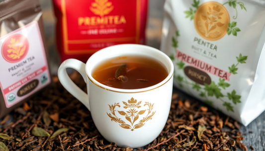 A cup of premium tea with tea leaves and packaging
