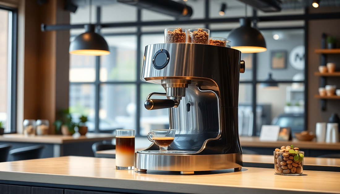 Modern coffee machine brewing espresso with glass of layered coffee on countertop showcasing nescafe tea coffee vending noida