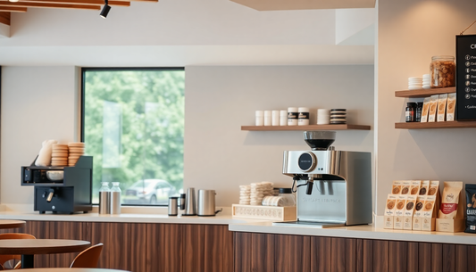 Modern coffee shop counter with coffee machine and packaged tea coffee premix in Vaishali Ghaziabad on display