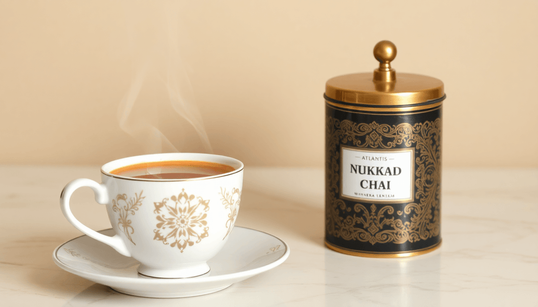 A steaming cup of Atlantis Nukkad Chai beside a tea canister