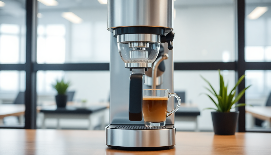 Modern coffee machine brewing fresh coffee in office