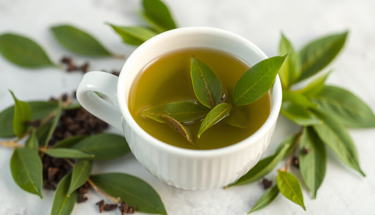 A cup of green tea premix with fresh tea leaves