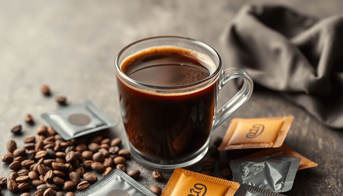A steaming cup of rich coffee with coffee packets