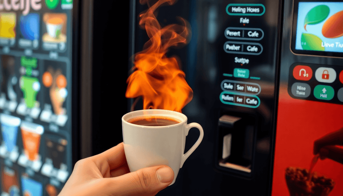 A cup of steaming instant coffee beside coffee vending machines