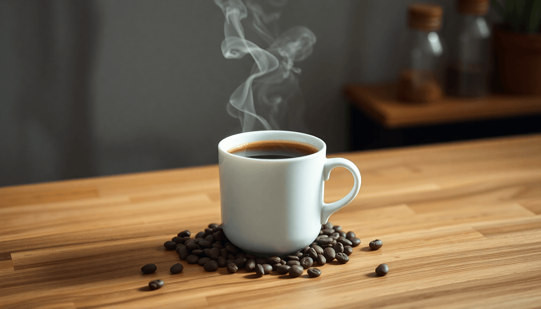 A steaming cup of 3-in-1 instant coffee on table
