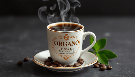 A steaming cup of ORGANO Gourmet ROYAL Black Coffee