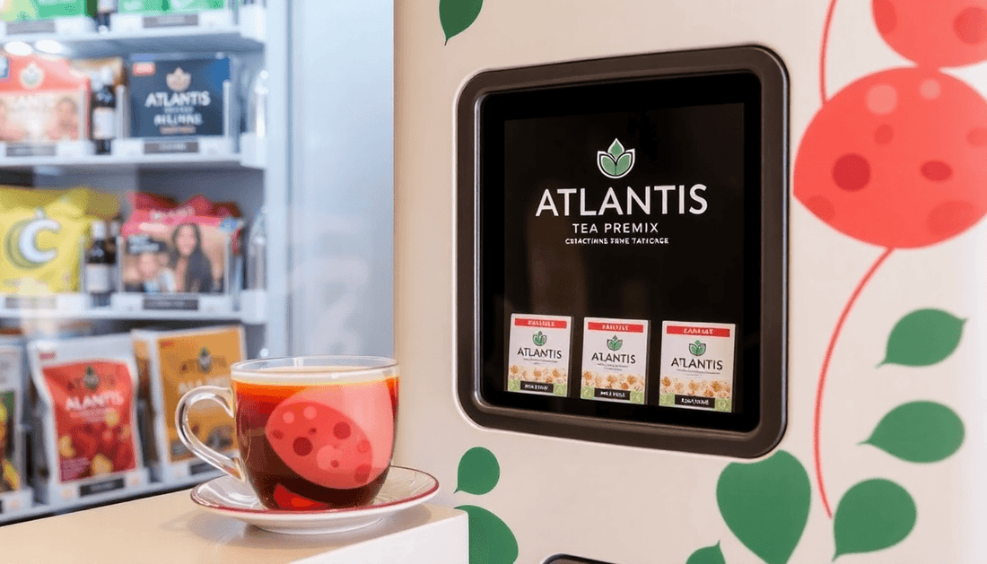 A steaming cup of Atlantis Tea Premix beside tea vending machine