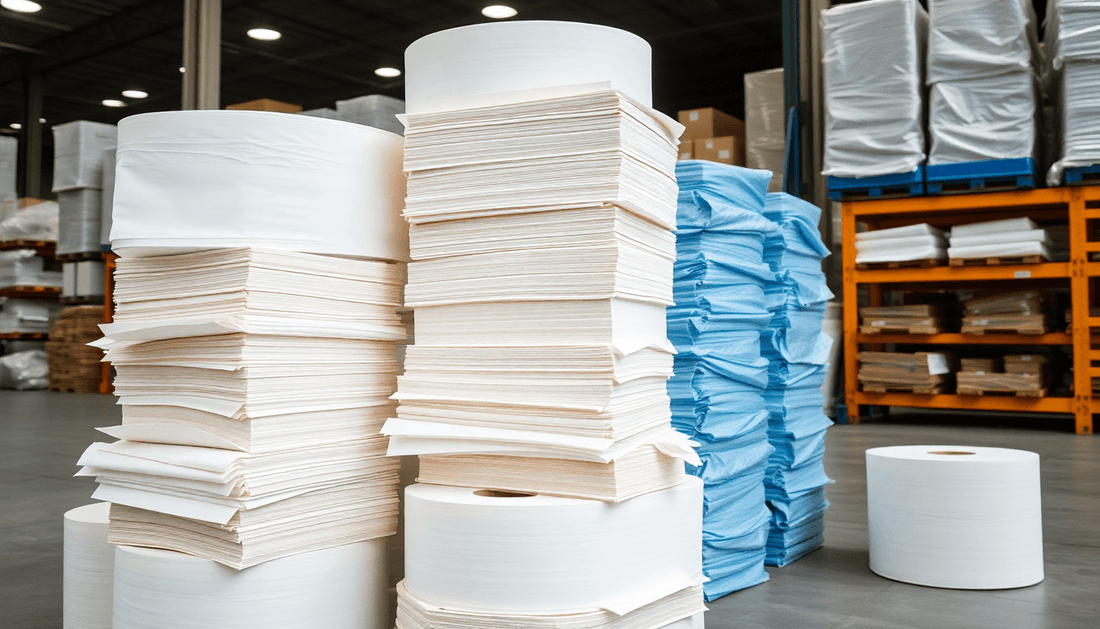 Stacks of M fold tissue paper rolls in a warehouse
