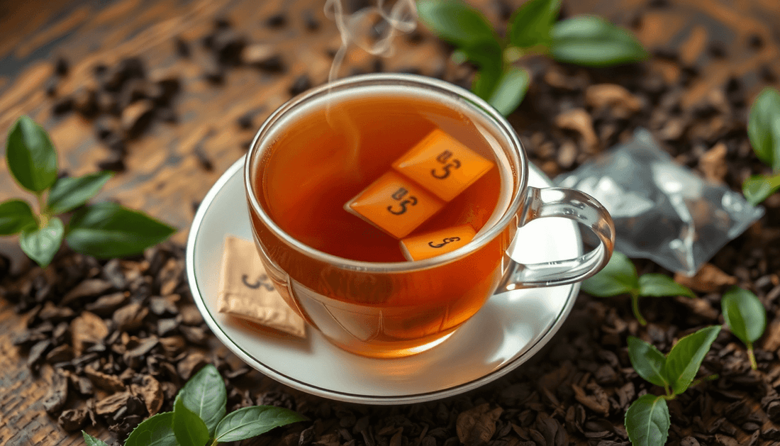 A steaming cup of Assam tea with tea bags and leaves