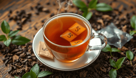 A steaming cup of Assam tea with tea bags and leaves