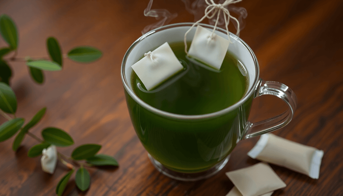 A steaming cup of green tea with teabags