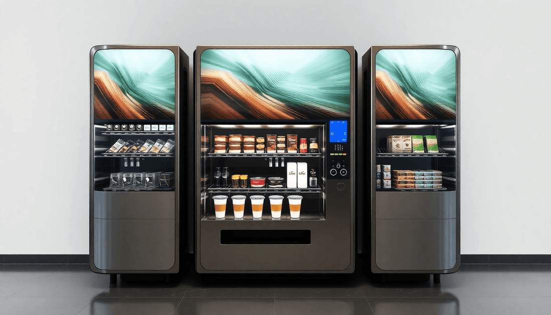 A sleek Atlantis three-lane coffee vending machine