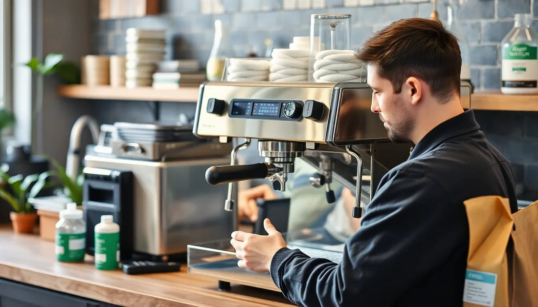 Technician performing coffee machine service in Noida with professional espresso machine in modern cafe setting