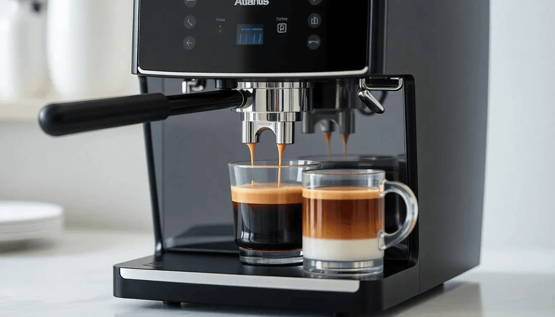 A sleek Atlantis coffee machine brewing fresh coffee