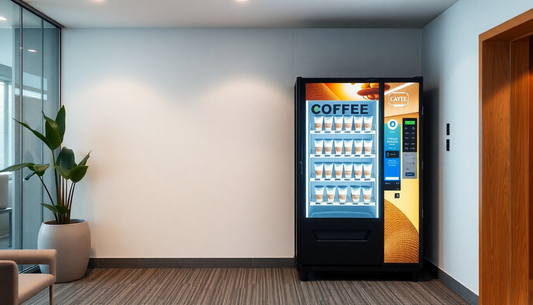 Coffee vending machine in a modern office corridor with plant and seating area coffee machine delhi near me