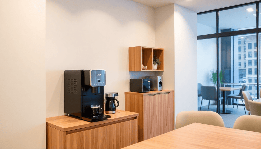 Modern office break room with Tata coffee machine