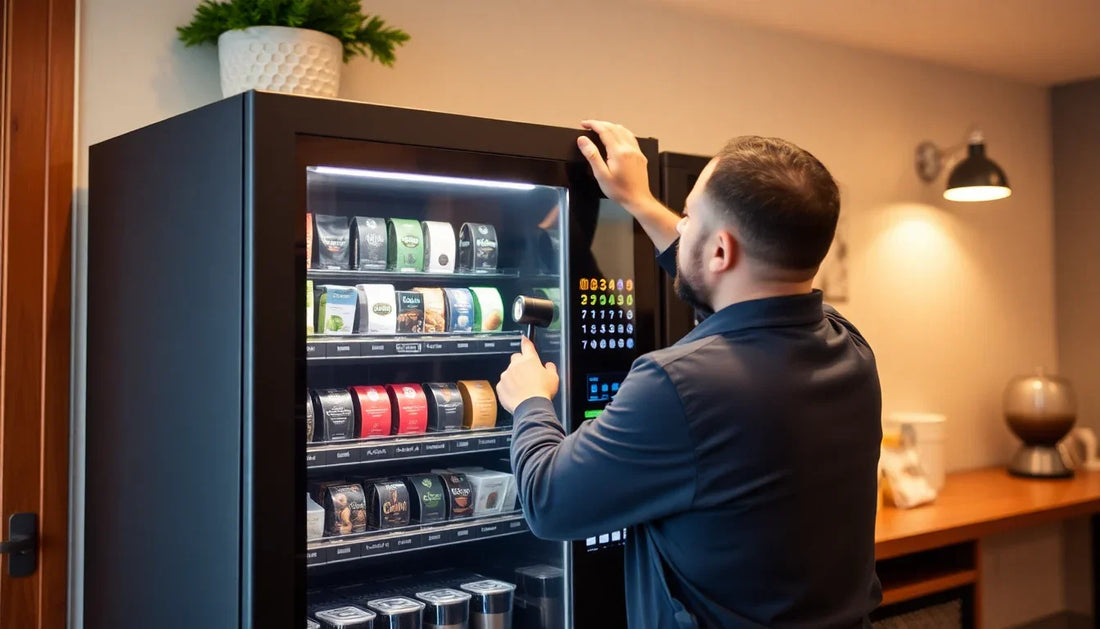 Man selecting a coffee pod from a vending machine displaying options related to atlantis coffee machine price