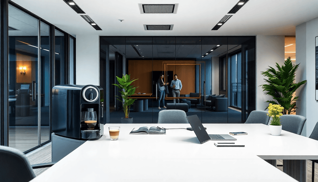Modern office with Nespresso coffee machine and professionals