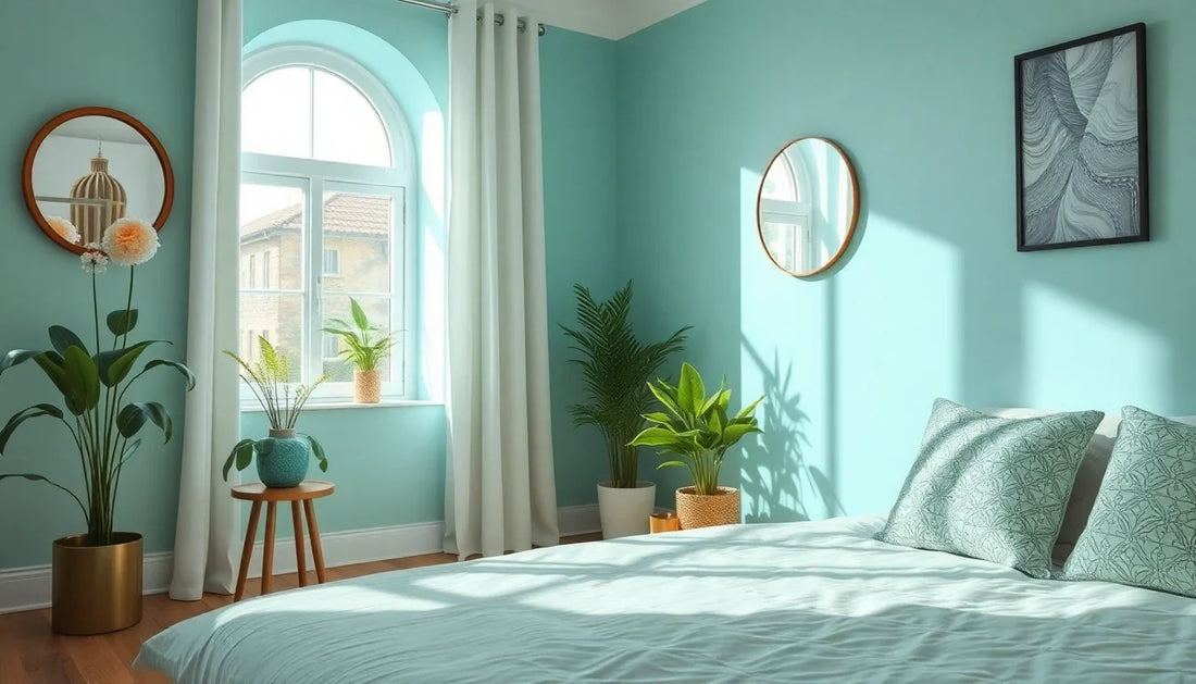 Bright bedroom with teal walls and decorative plants showcasing a peaceful atmosphere for Nescafe 2 Lane Tea & Coffee