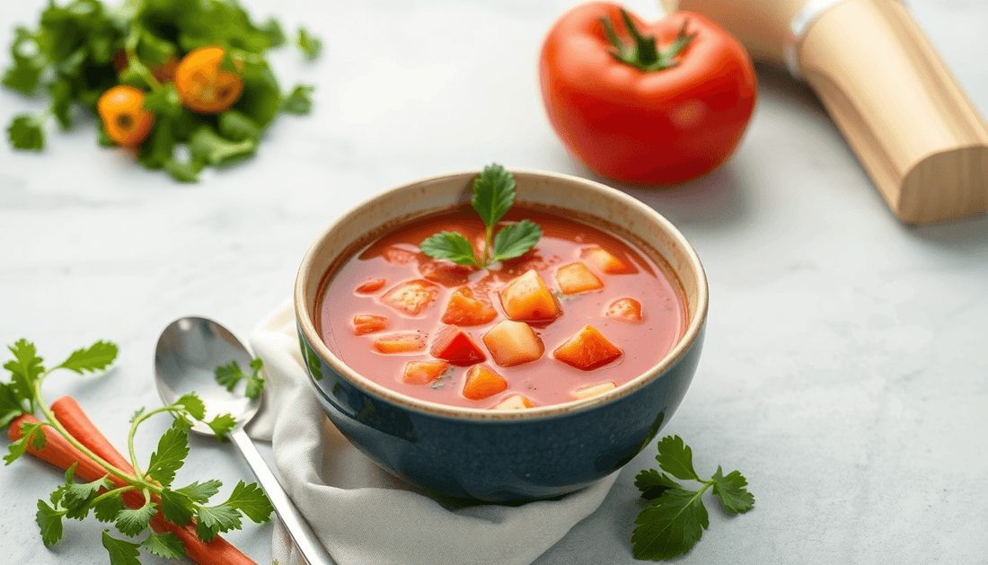A bowl of easy tomato vegetable soup with fresh vegetables
