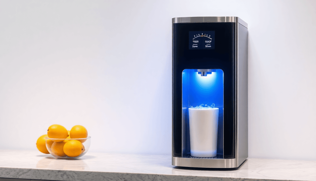 A sleek hot and cold water dispenser on countertop