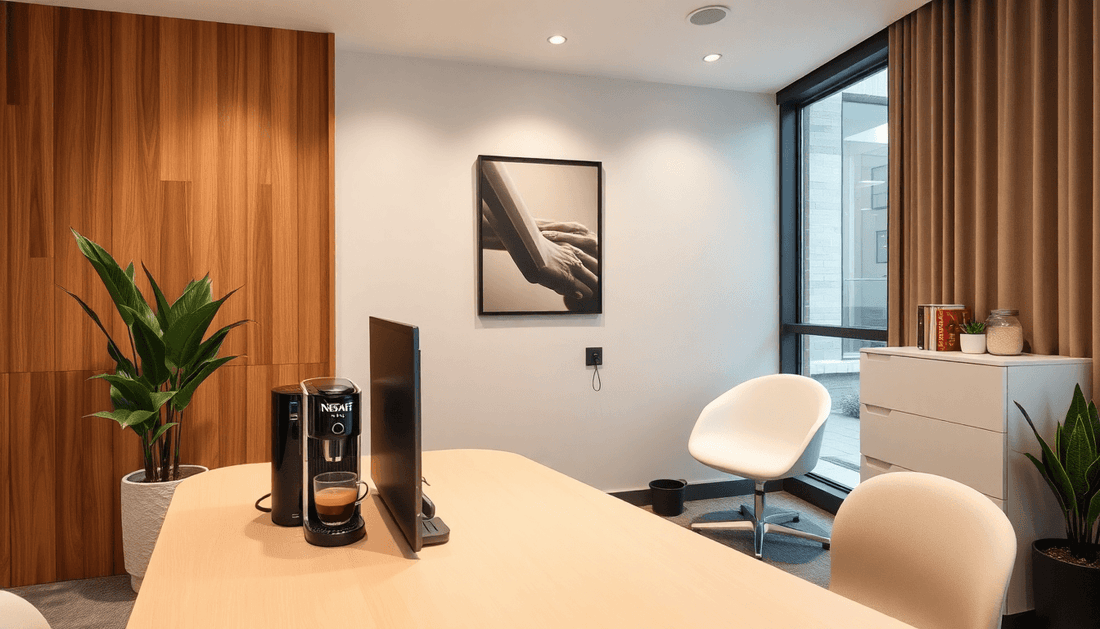 A modern office coffee corner with Nescafe machine
