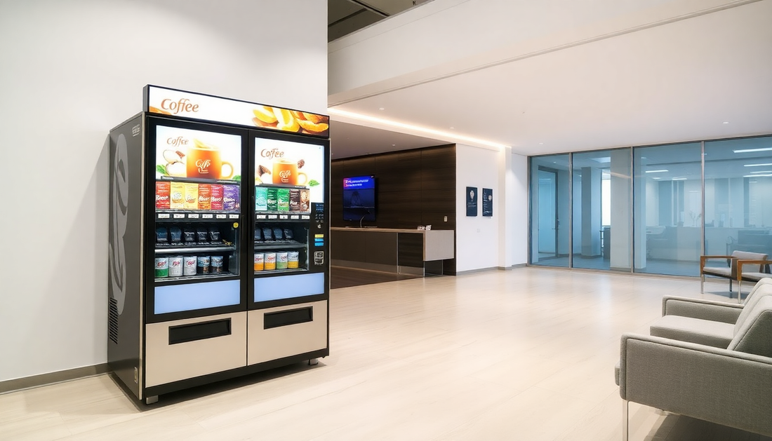 Modern three-lane coffee vending machine in office lobby