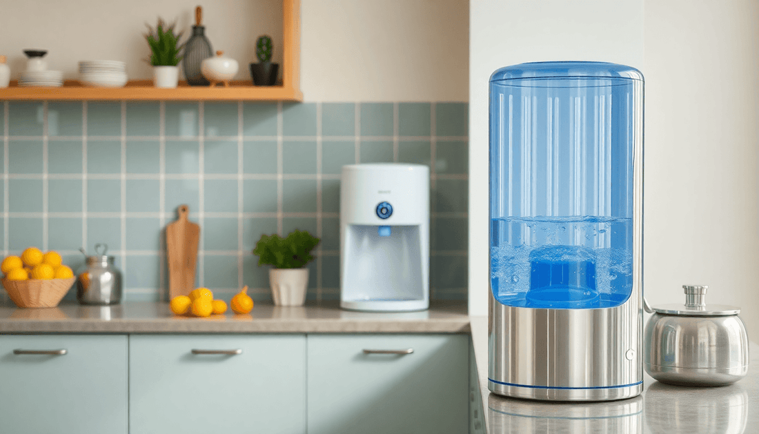 A modern water dispenser in a bright Indian kitchen