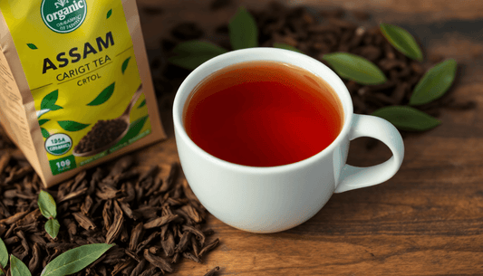 A cup of organic Assam tea with tea leaves and packaging