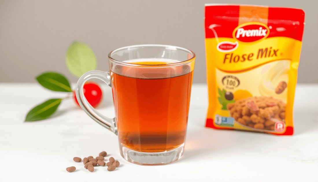 A cup of instant tea with premix packet beside it