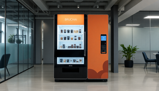 A sleek BruChai coffee vending machine in an office